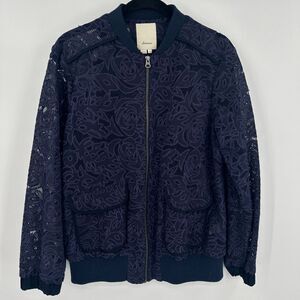 Elevenses by Anthropologie Bomber Jacket Women Small Purple Floral Lace Full Zip